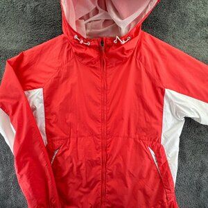 Columbia Jacket Women XL Full Zip Windbreaker Hooded Rain White Orange Lighteigh